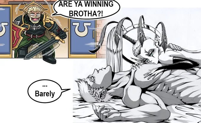 The image is a two-panel meme. The top panel shows a cartoonish, angry-looking blonde warrior in armor holding a sword…
