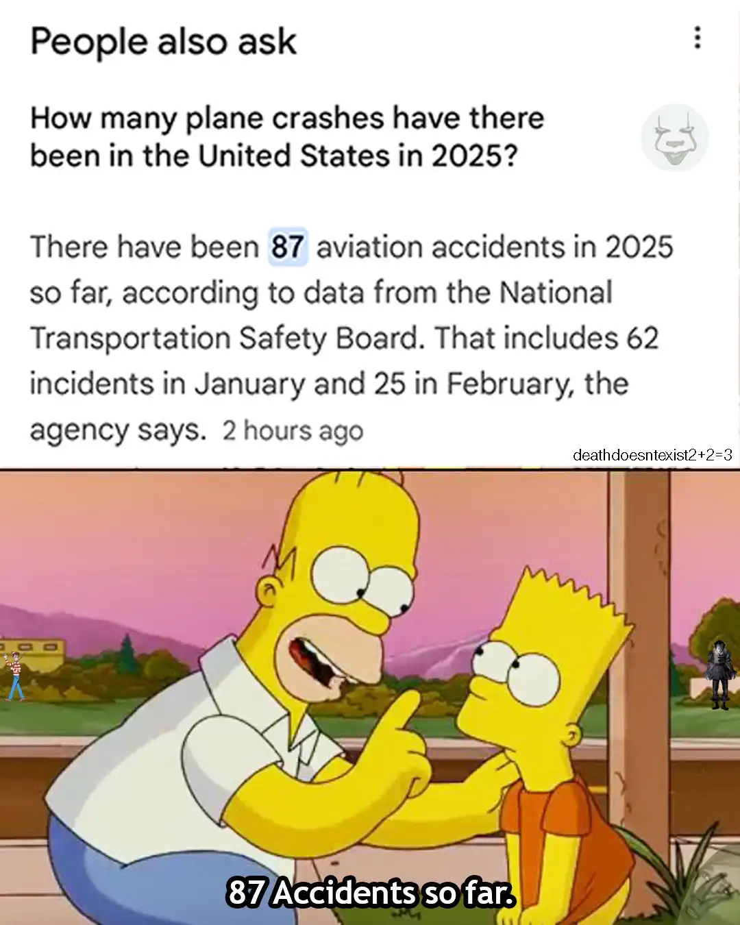 The image shows a screenshot of a 'People also ask' Google search result stating '87 aviation accidents in 2025 so far'…