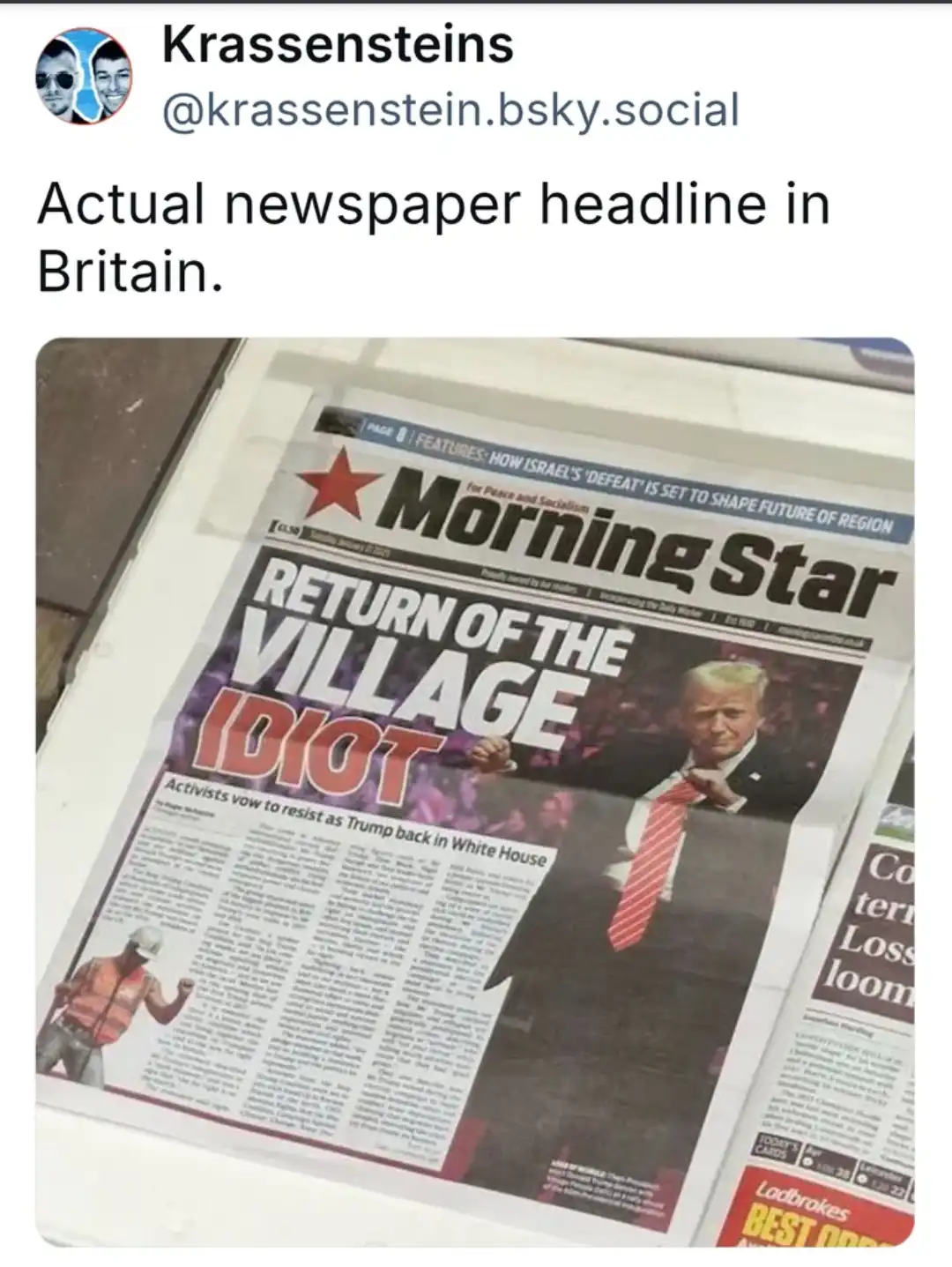 A close-up photo of a physical copy of the British newspaper 'Morning Star' with a large, bold headline reading 'RETURN OF…