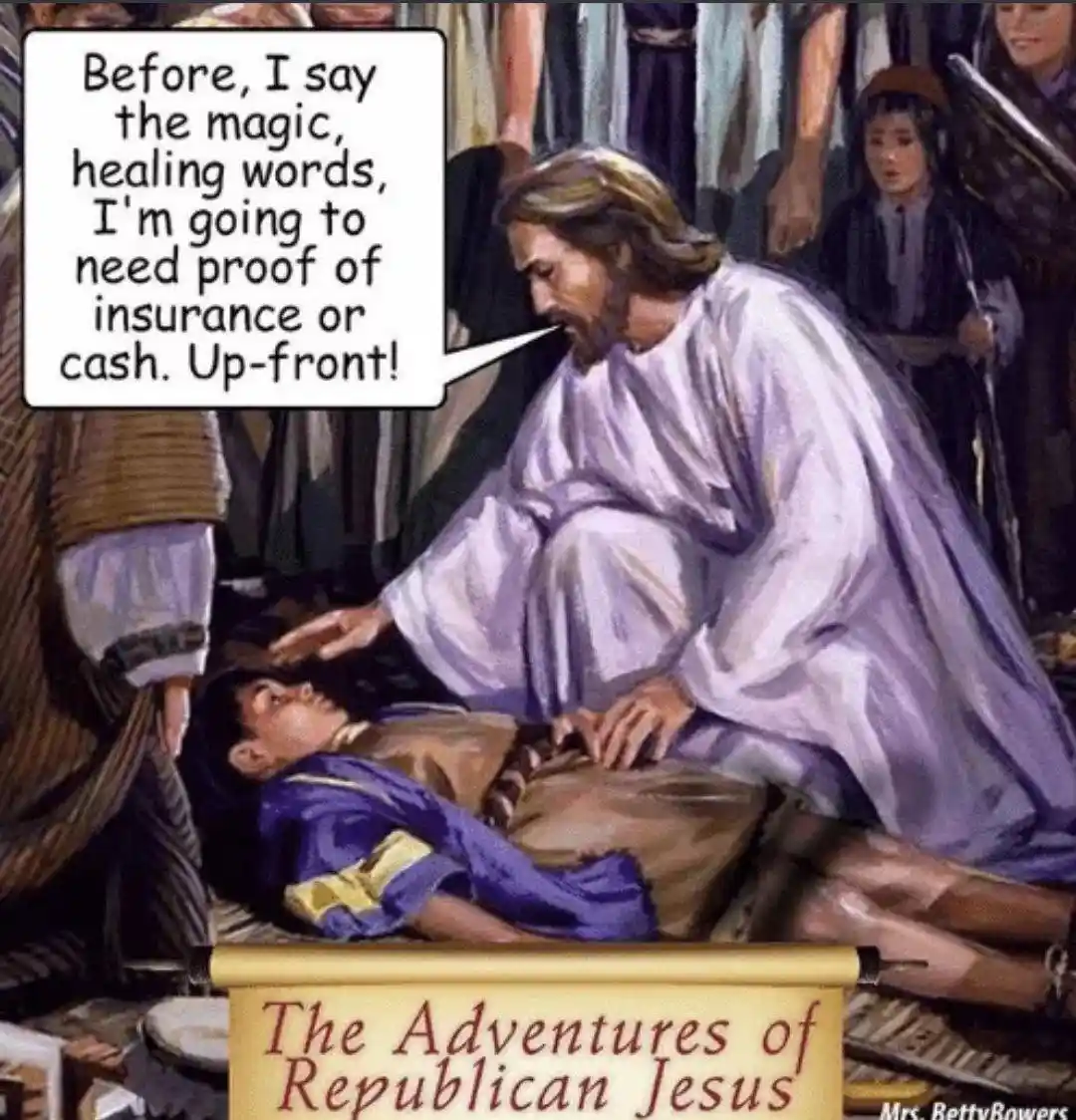 A painting depicts Jesus in a white robe kneeling over a child lying on the ground, appearing to perform a healing. A speech…