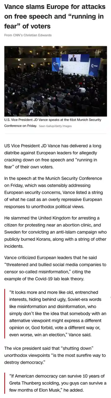 A screenshot of a CNN news article featuring a photo of U.S. Vice President JD Vance speaking at the Munich Security…