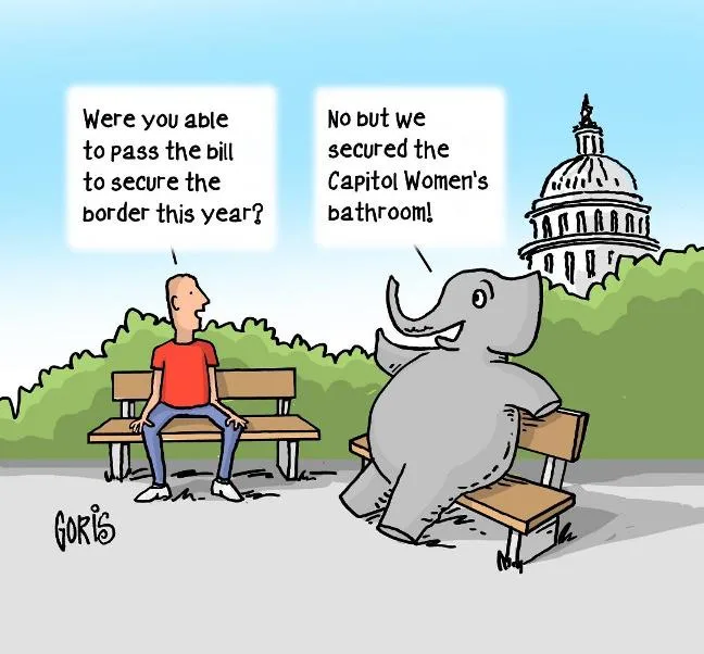A cartoon depicts a man and an elephant sitting on separate park benches with the U.S. Capitol building in the background…