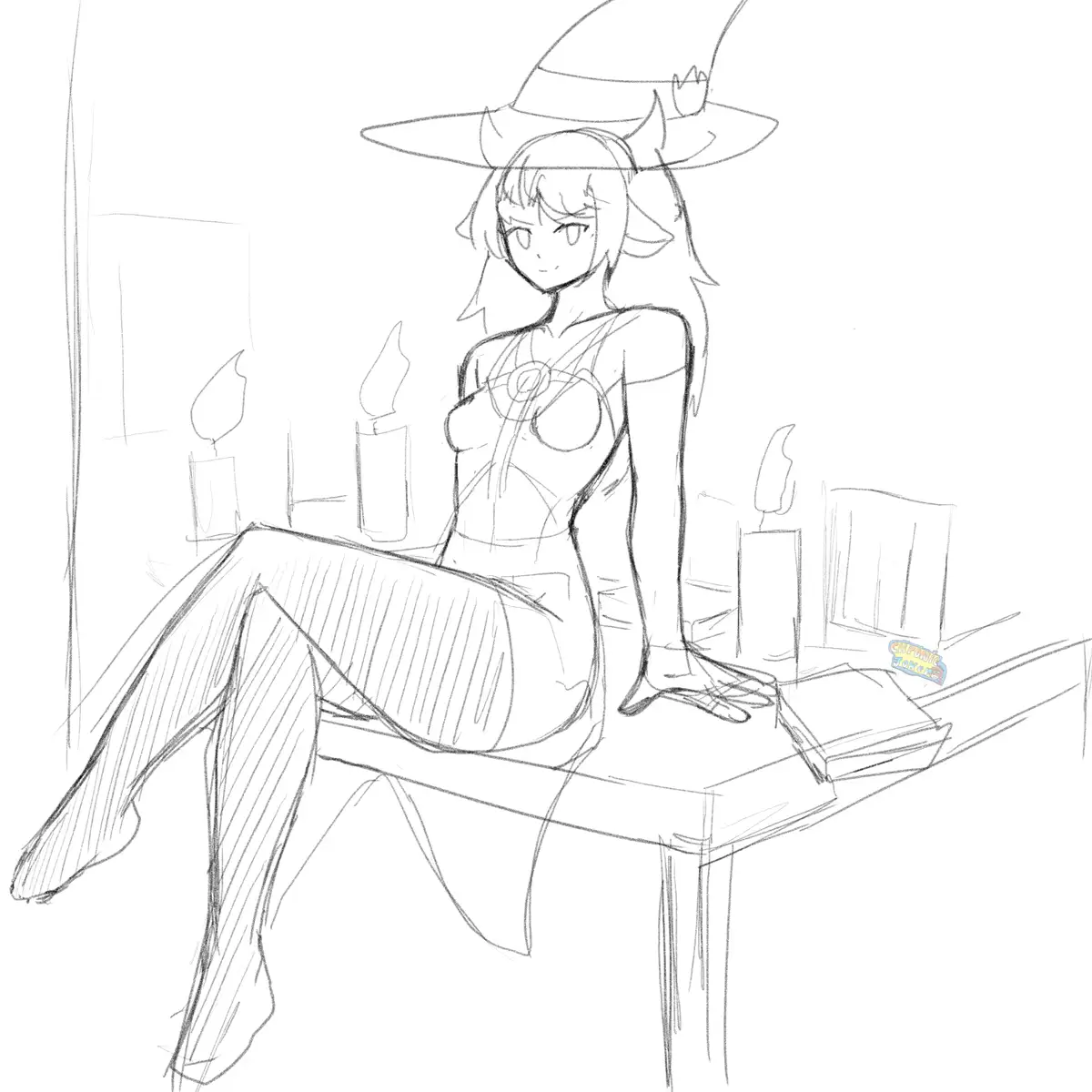 A black-and-white sketch of an anime-style witch with horns and a pointed hat, sitting provocatively on a table surrounded…