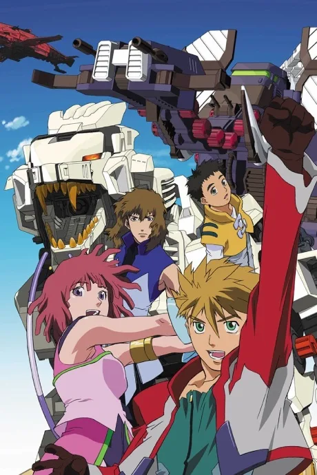 An anime promotional image featuring four characters in front of giant mechs under a blue sky. The text overlaid on the…