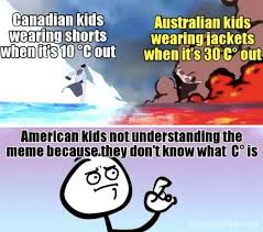 The image is a three-panel meme. The top left shows a child in shorts on a snowy slope with text 'Canadian kids wearing…