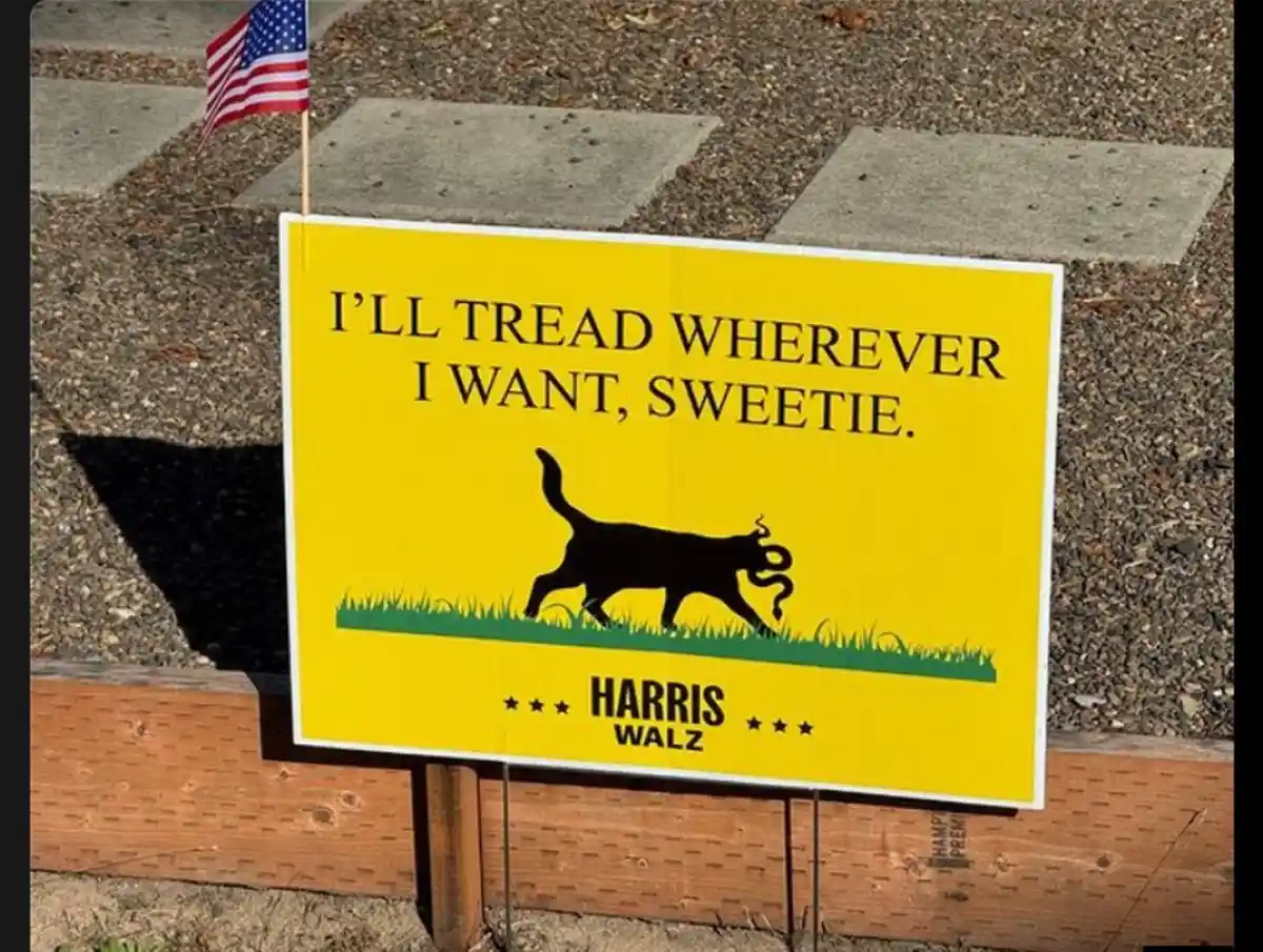 A yellow political yard sign features the text 'I'LL TREAD WHEREVER I WANT, SWEETIE.' above a black silhouette of a cat…