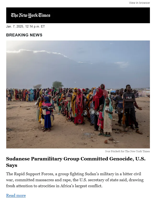 A screenshot of a New York Times article dated Jan. 7, 2025, showing a headline about the U.S. accusing a Sudanese…