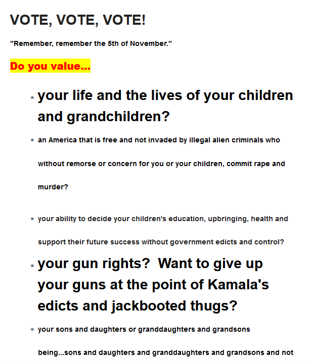 A screenshot of a political text urging people to vote, featuring the phrase 'VOTE, VOTE, VOTE!' at the top and a quote…