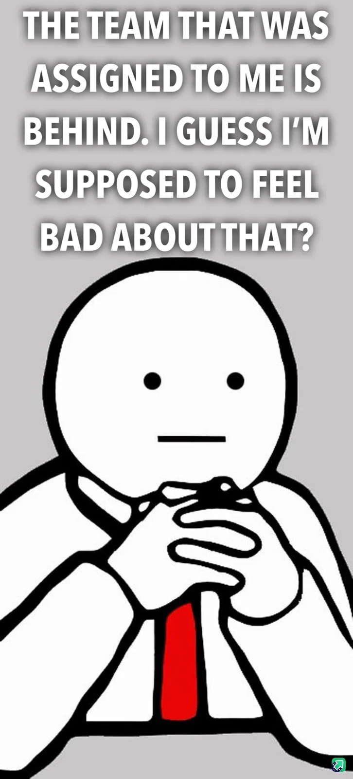 A minimalist cartoon of a bald man in a white shirt and red tie, hands clasped in front of his chest, looking confused or…