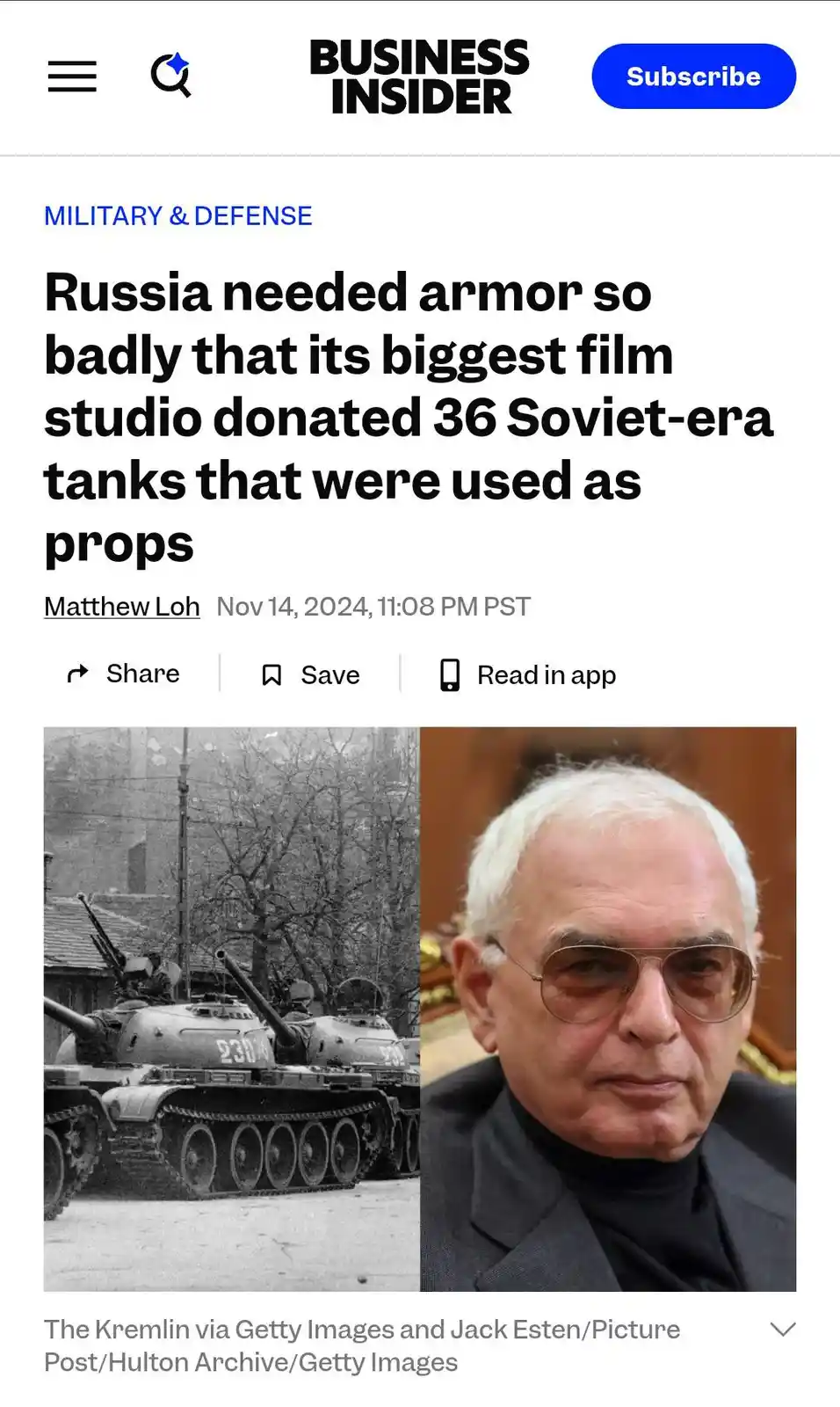 The image displays a split-screen: on the left, black-and-white photos of Soviet-era tanks used as film props; on the right…