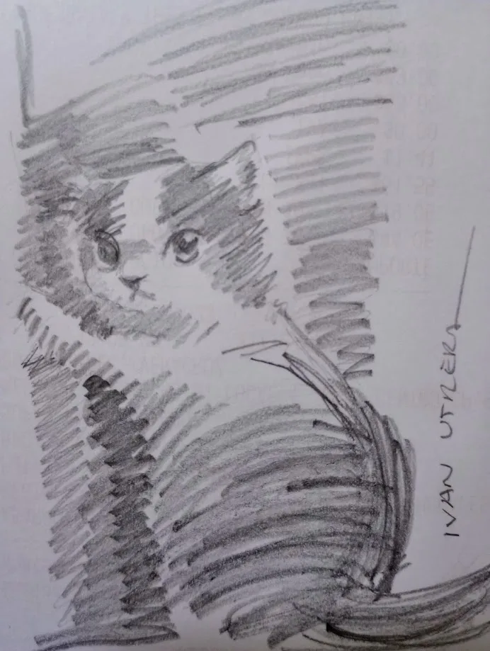 A pencil sketch of a cat looking up with a slightly surprised or curious expression, drawn with heavy cross-hatching…