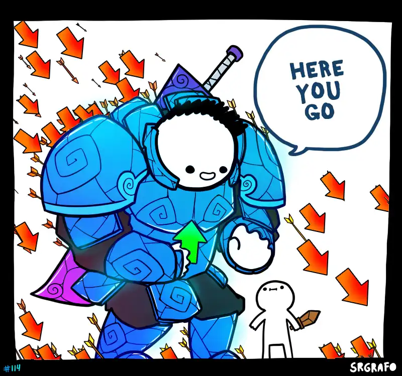 A cartoonish blue armored warrior with a sword on his back is covered in orange arrows, smiling as he hands a green arrow to…
