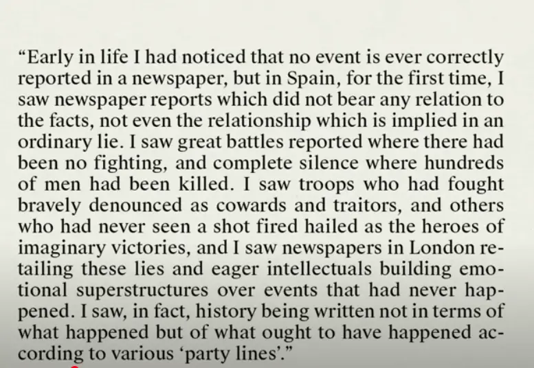 The image displays a block of text from a historical quote about the distortion of news reporting, particularly in Spain and…