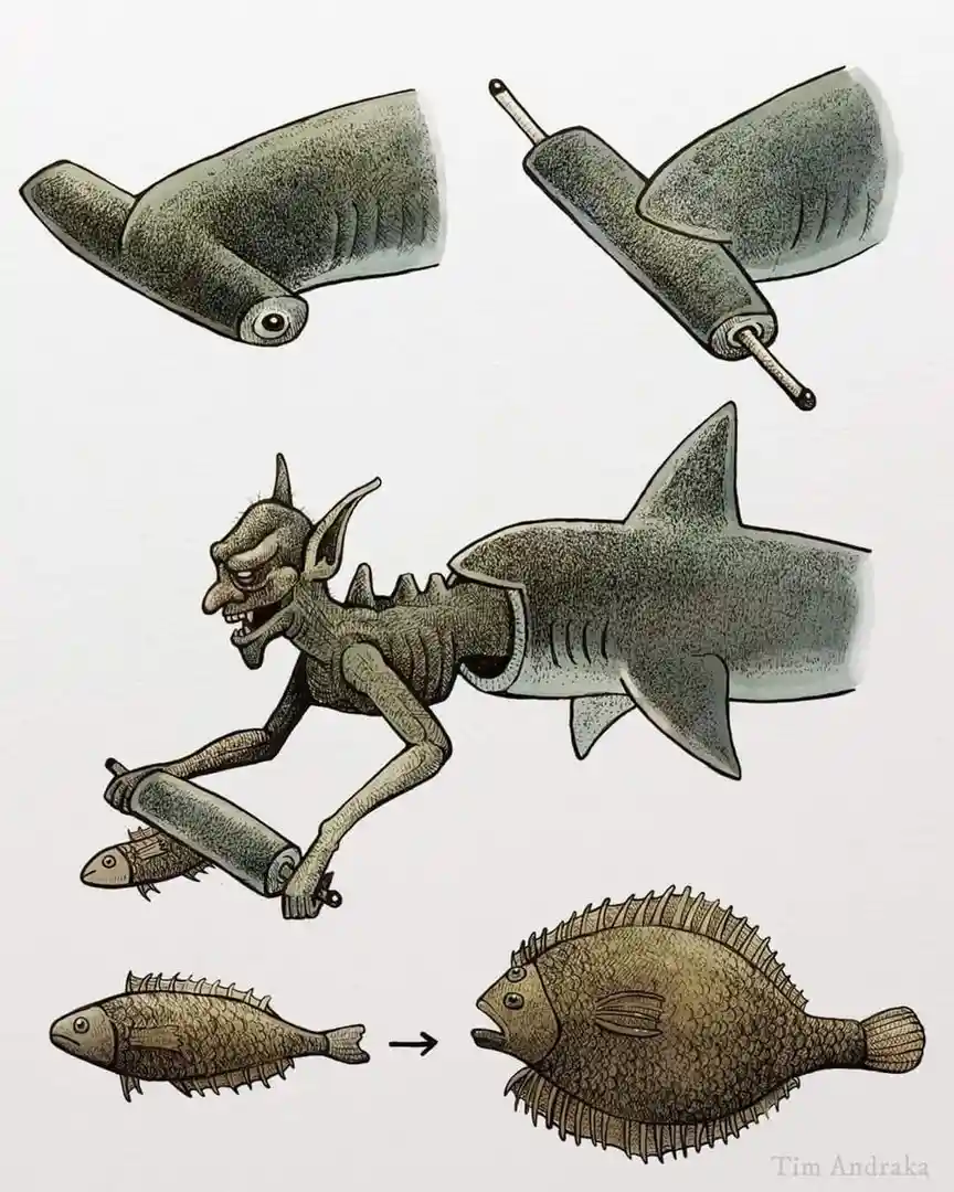 The image is a detailed illustration showing a goblin-like creature with a shark torso using a rolling pin to flatten a fish…