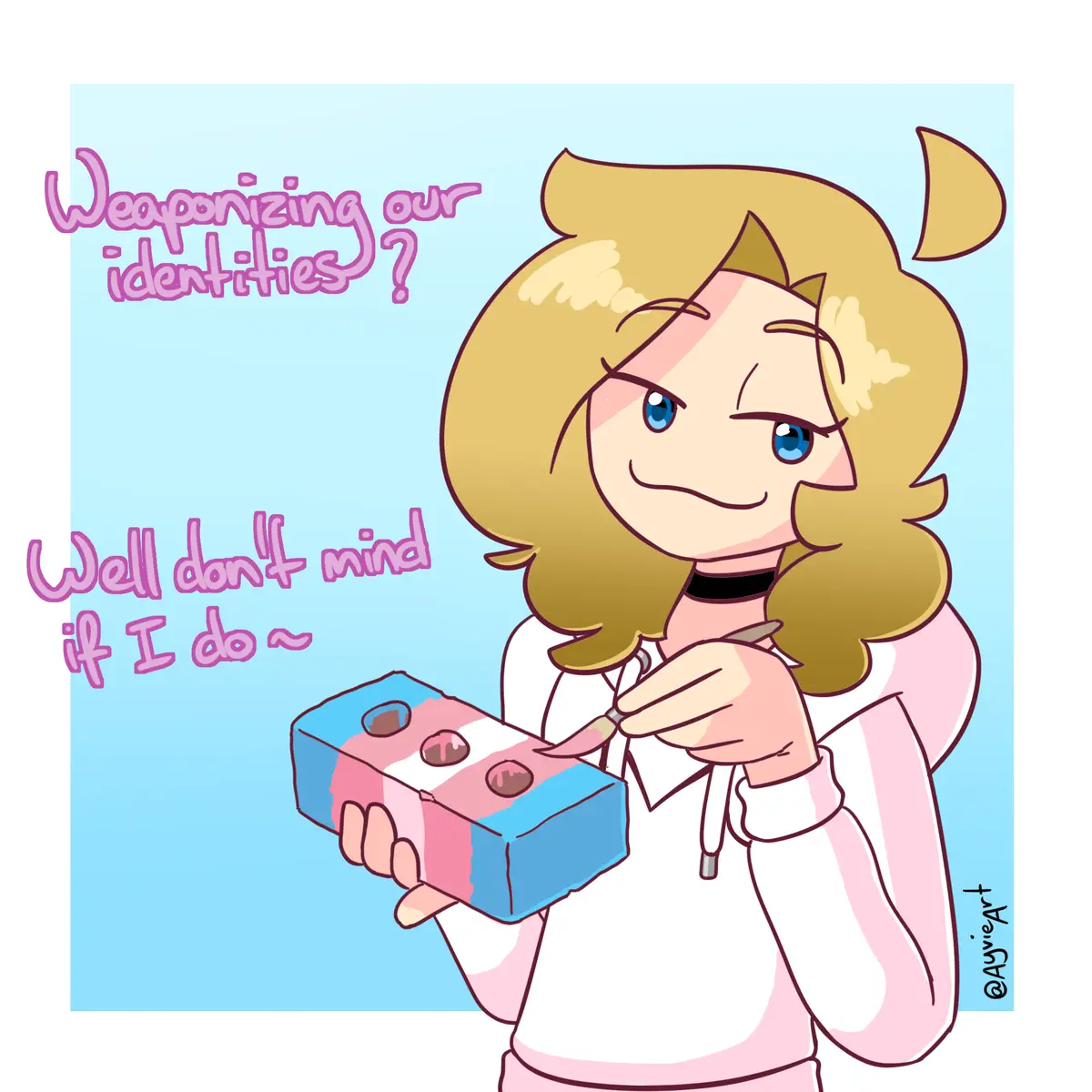 A cartoon girl with blonde hair and cat ears holds a block painted with the trans flag colors while using a knife to carve…