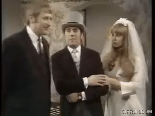 A six-panel sequence from a vintage TV show shows a groom in a top hat and tuxedo standing beside his bride in a white dress…
