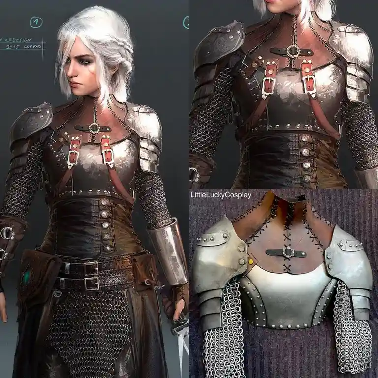 This image displays a side-by-side comparison: on the left, a digital concept art of a female warrior in detailed armor with…