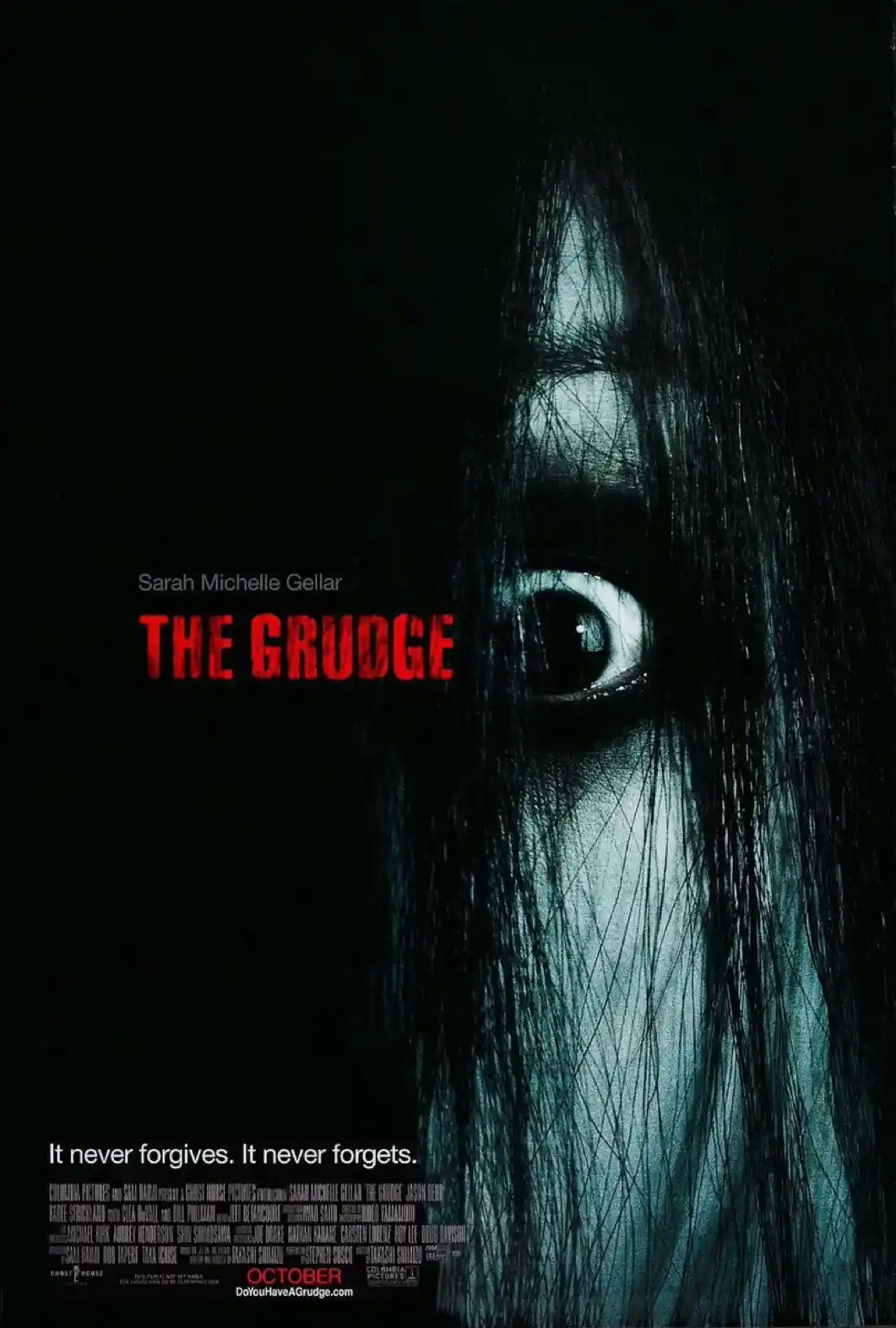 A dark movie poster for 'The Grudge' featuring a single wide, terrified eye peering through long, wet-looking black hair…