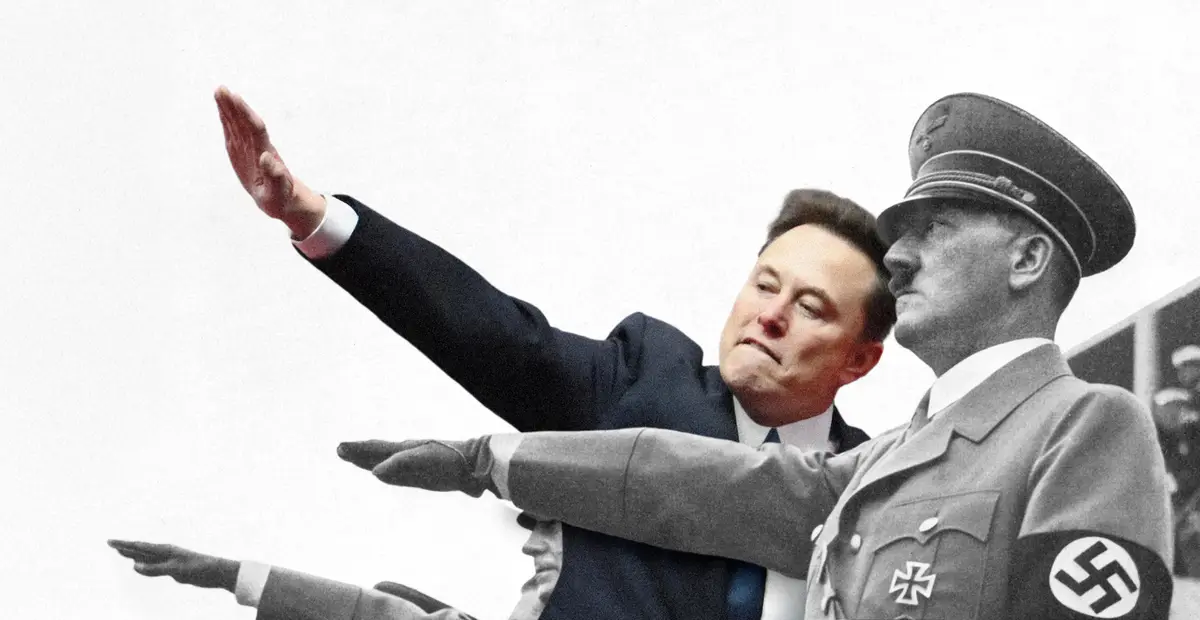 The image shows a digitally altered photo where Elon Musk's face is superimposed onto the body of a man in a Nazi uniform…