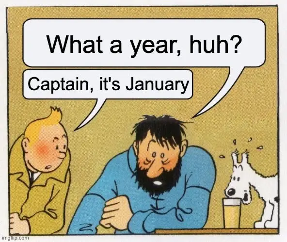 A comic panel shows Tintin looking at a weary Captain Haddock who slumps at a table with a drink, while his dog Snowy looks…