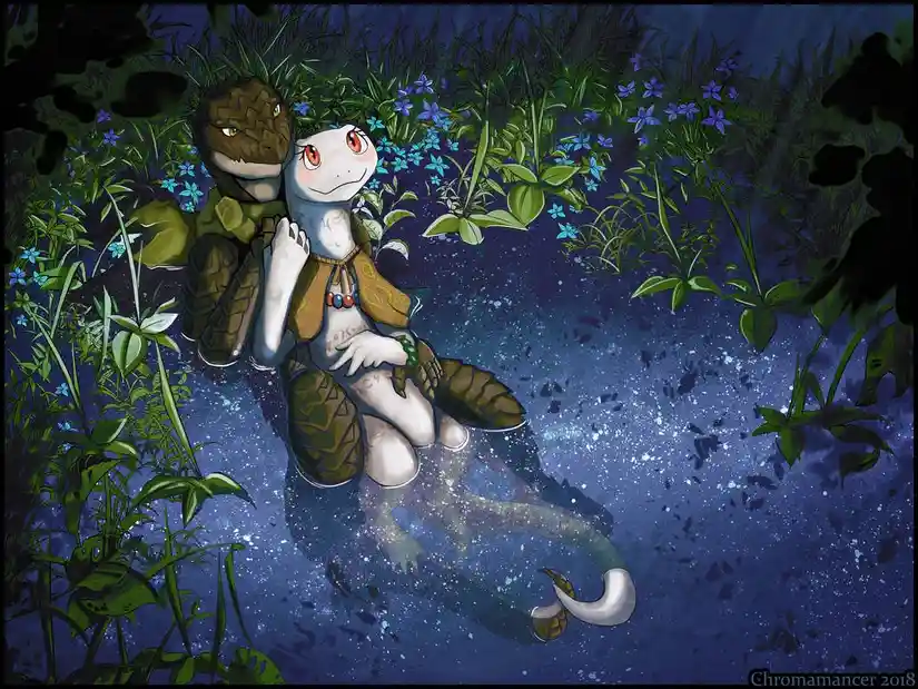Two anthropomorphic reptilian characters, one with brown scaly skin and the other with white skin and red eyes, are sitting…