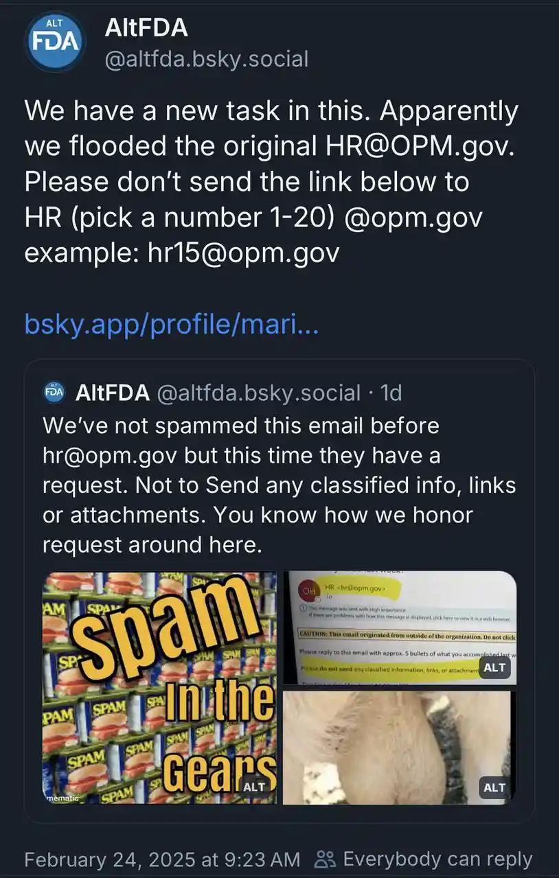 A screenshot of a social media post by 'AltFDA' showing a humorous internal memo about sending spam emails to HR@opm.gov…