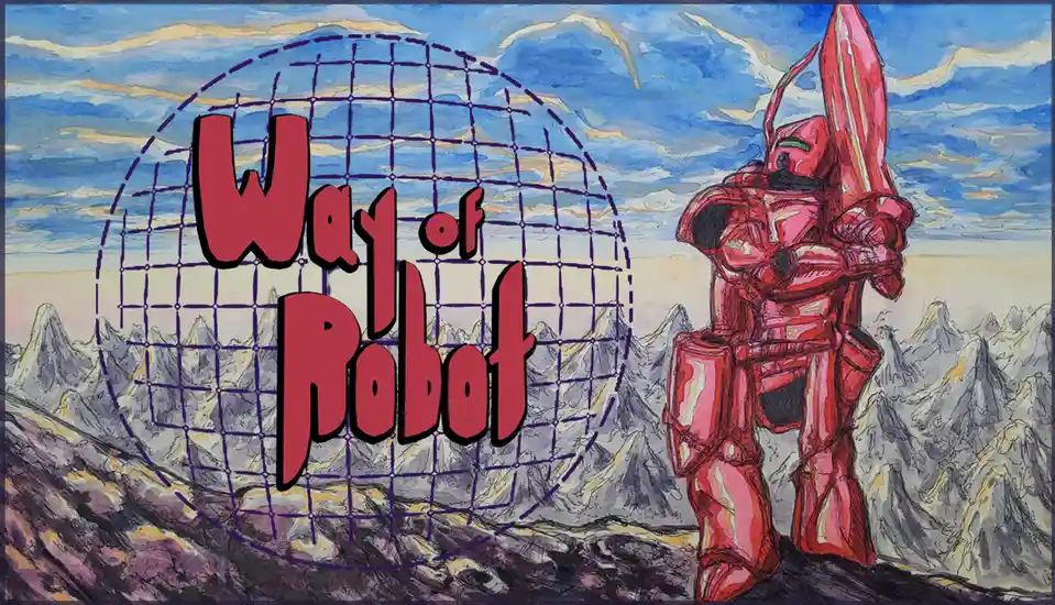 A hand-drawn illustration depicts a red armored robot standing atop a mountain range, holding a large red sword. Behind the…