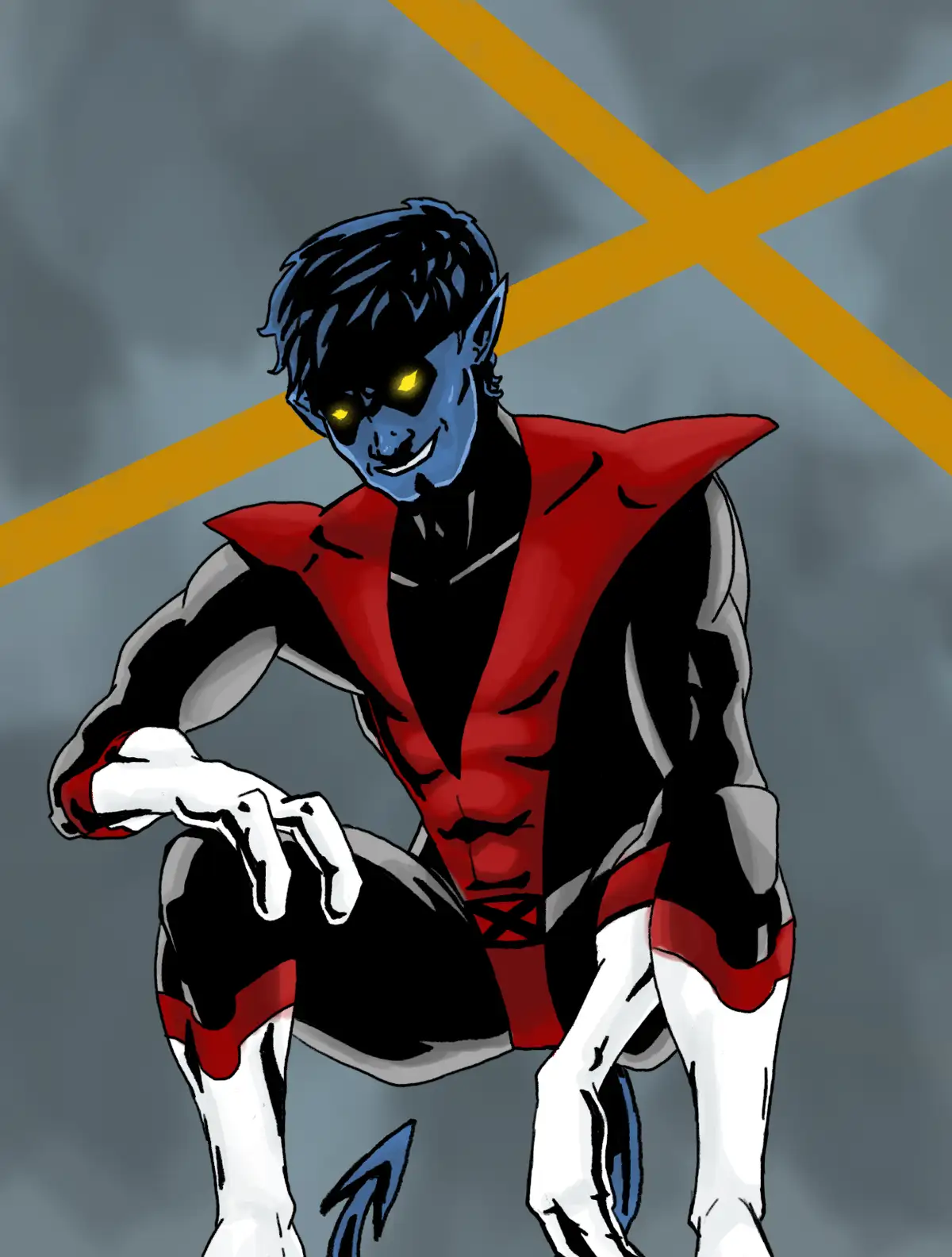 A blue-skinned, yellow-eyed cartoon character with pointed ears, wearing a red and black costume with white gloves and…