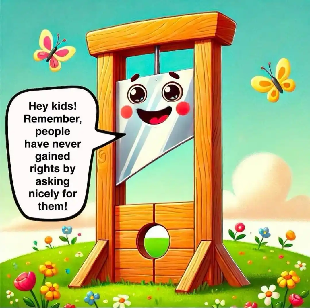 A cartoon guillotine with a smiling, anthropomorphic blade and rosy cheeks stands in a sunny meadow with flowers and…