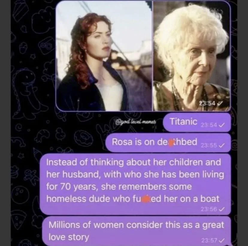 The image displays a mock text message conversation where the sender, labeled 'Titanic', shares a fictional story about an…