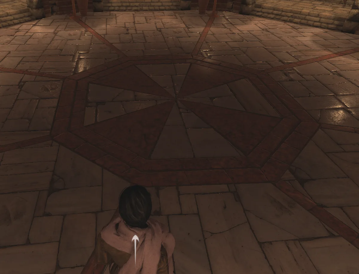 A video game screenshot from a third-person perspective shows a character with dark hair and a pinkish cloak standing on a…