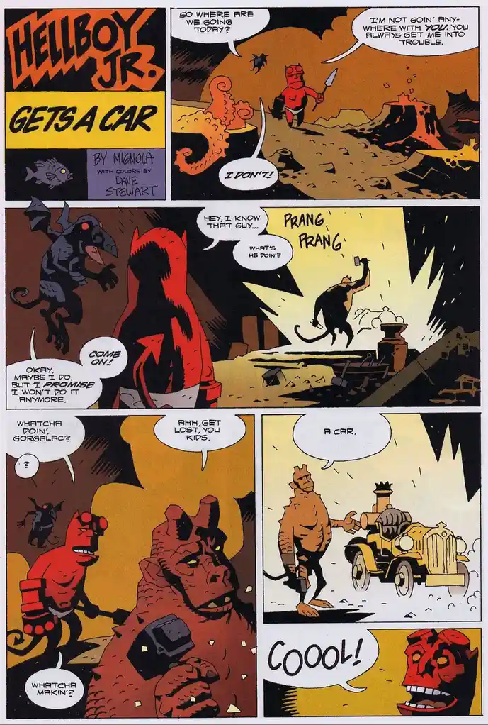 This comic strip from 'Hellboy Jr.' shows a young red-skinned demon with horns and a tail asking where they're going, to…