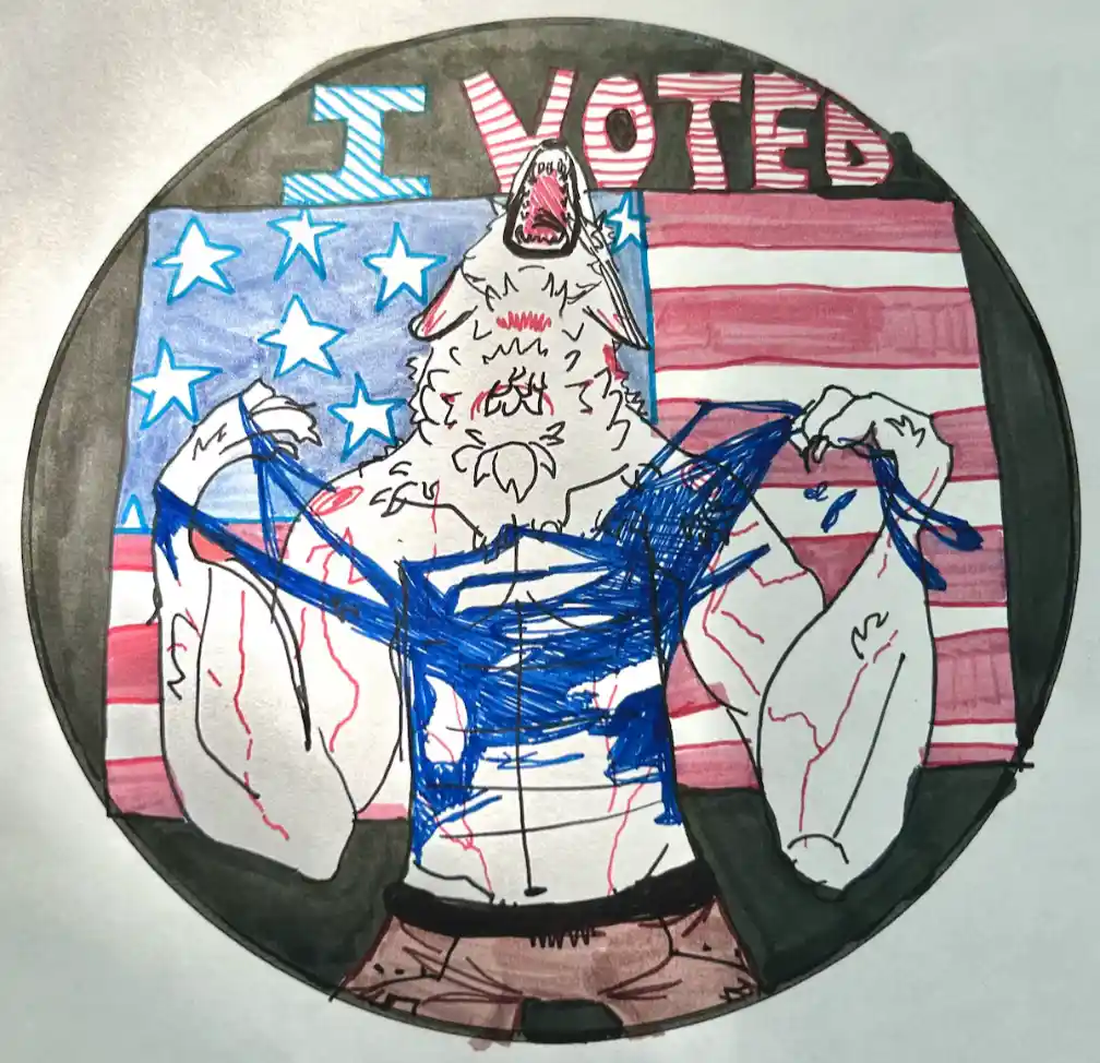 A hand-drawn, circular 'I VOTED' sticker features a muscular, anthropomorphic wolf tearing off its blue shirt to reveal a…