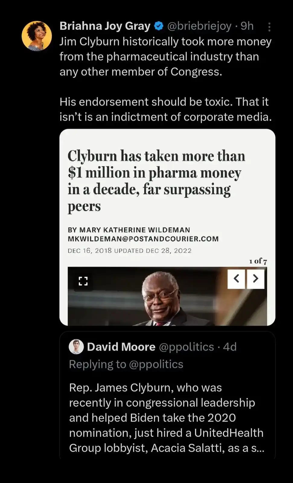 A screenshot of a Twitter thread shows Briahna Joy Gray stating that Rep. Jim Clyburn took more pharma money than any other…