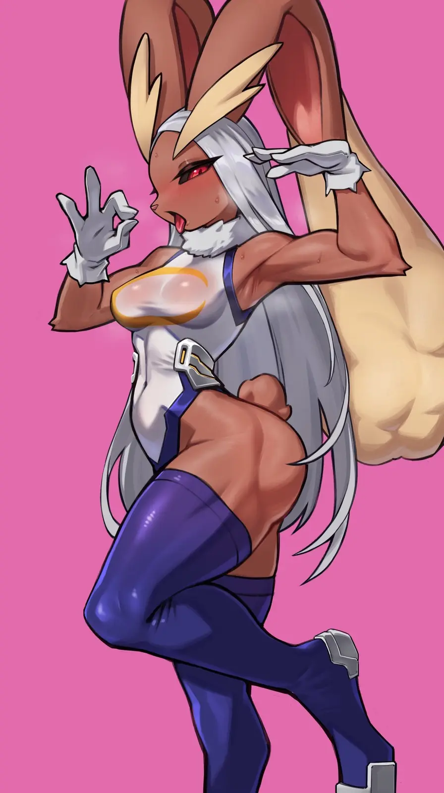 An anime-style illustration of a muscular, anthropomorphic rabbit woman with long silver hair, red eyes, and large ears…