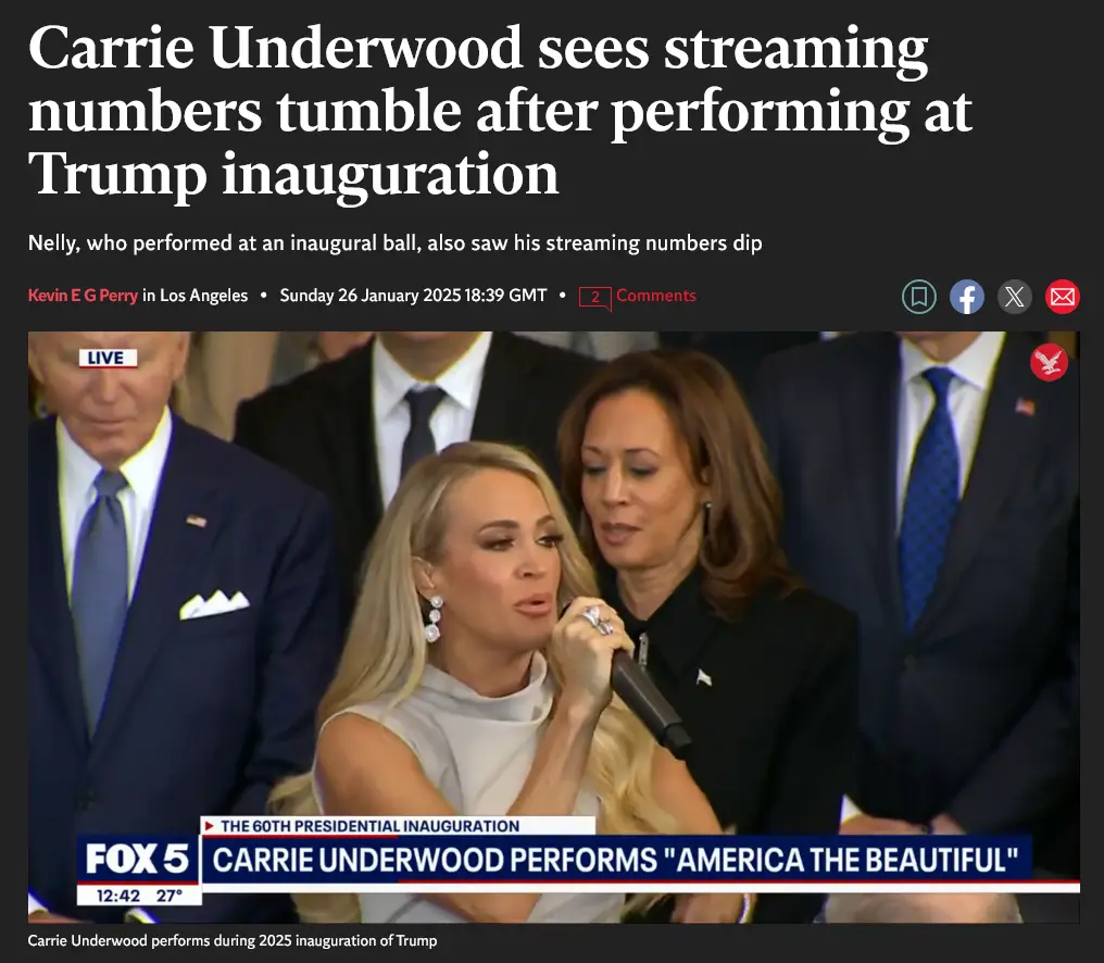 A screenshot of a news article shows Carrie Underwood singing into a microphone at the 2025 Trump inauguration, with Kamala…