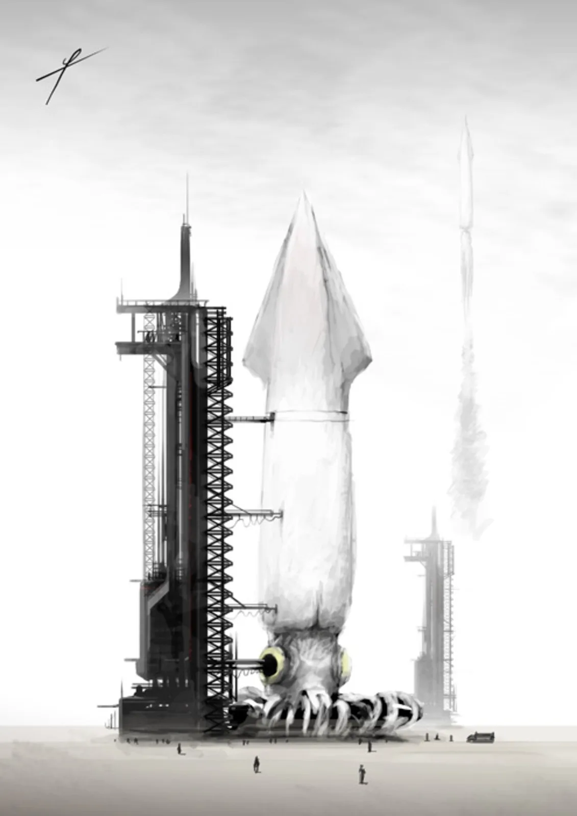 A grayscale concept art image depicts a giant squid with tentacles and glowing yellow eyes, standing upright on a launchpad…