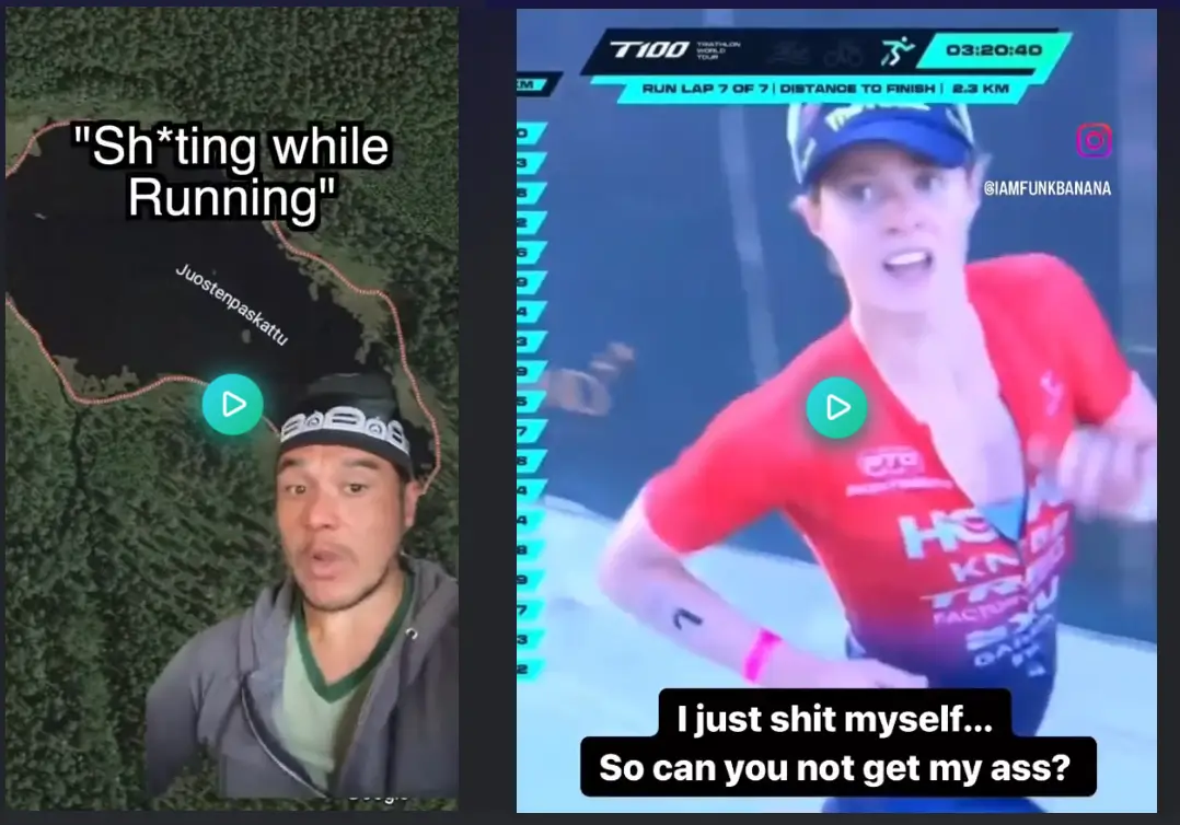 The image is a split-screen meme. On the left, a man wearing a headband is shown over a Google Maps view of a trail labeled…