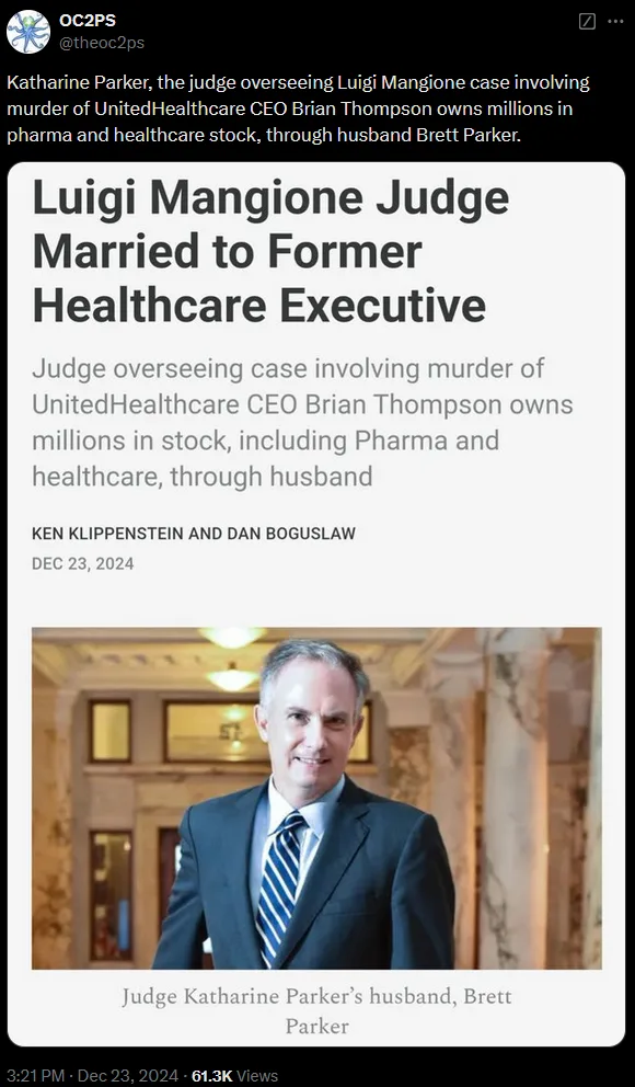 A screenshot of a news article headline about Judge Katharine Parker, who is overseeing the Luigi Mangione case, revealing…