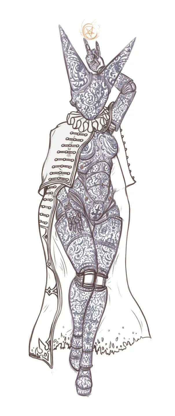 A stylized illustration of a figure in ornate, patterned armor and a cape, standing with one hand raised in a gesture above…