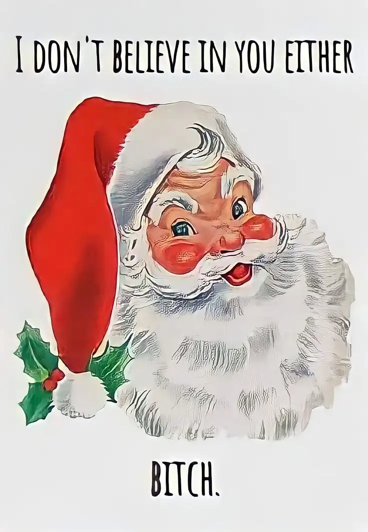 A vintage-style illustration of Santa Claus with a surprised or shocked expression, wearing his red hat with white trim and…