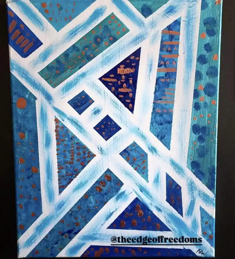 An abstract painting with a geometric pattern of intersecting white lines forming triangles and diamonds on a blue…