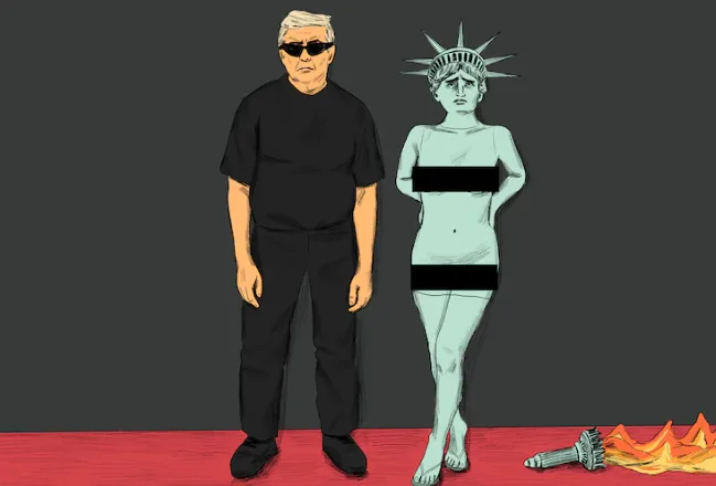An illustration shows a man in all black with sunglasses standing next to a depiction of the Statue of Liberty, whose torso…