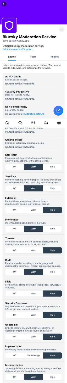 A screenshot of the Bluesky Moderation Service settings page, showing various content moderation labels like 'Adult…