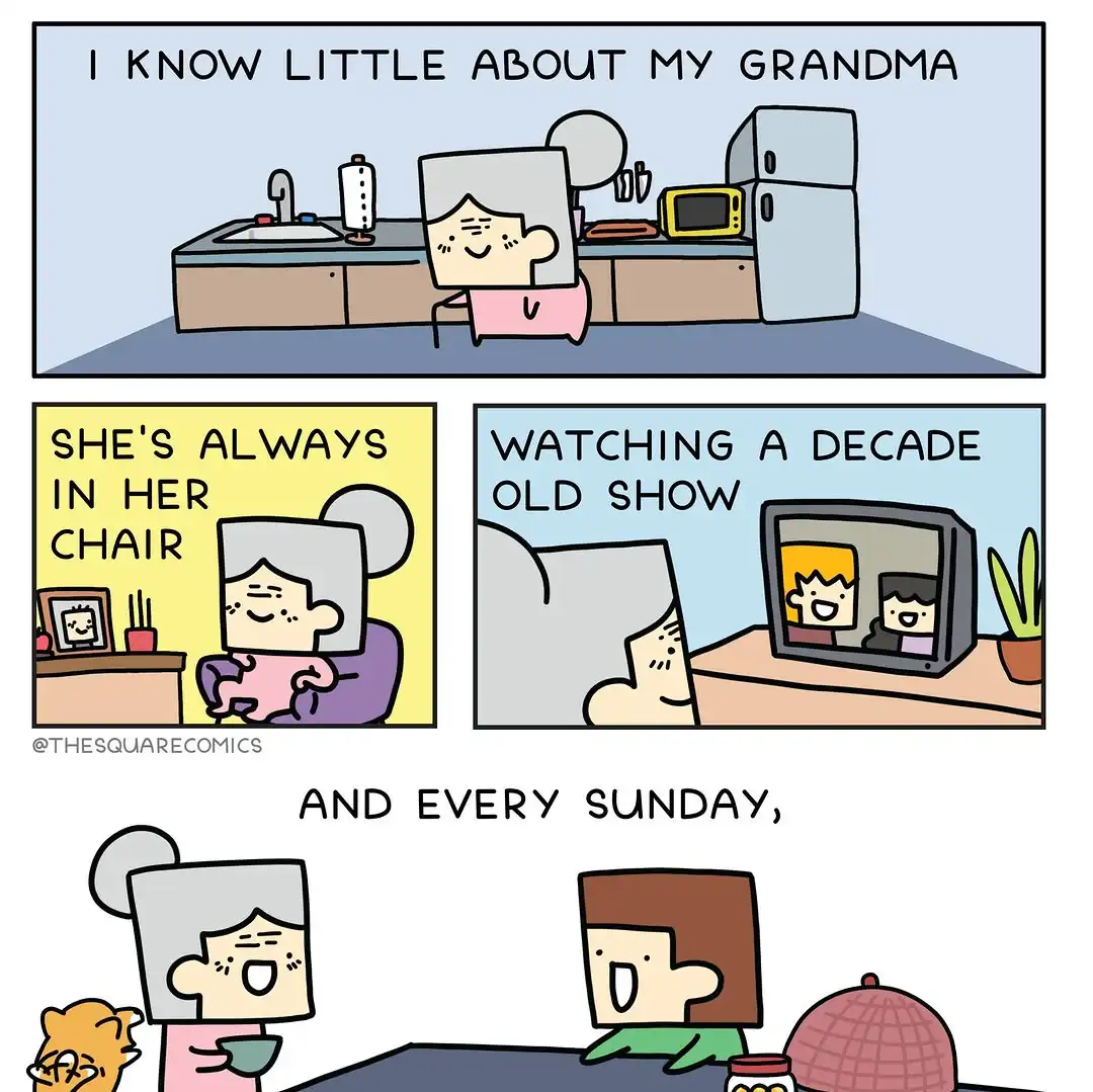 A four-panel comic strip shows a grandma in a kitchen, then sitting in her chair watching an old TV show, and finally at a…