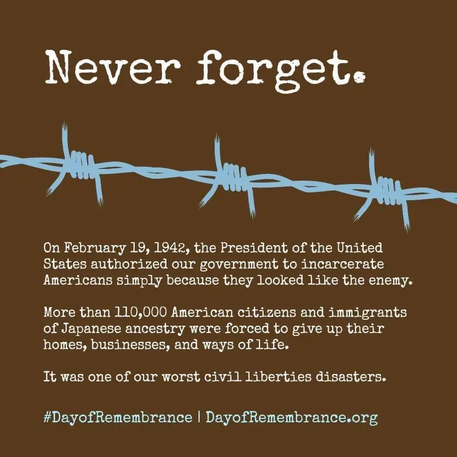 A brown background image features the text 'Never forget.' above a barbed wire graphic. Below, it states that on February…