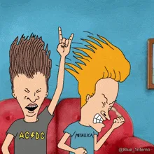 Two cartoon boys, Beavis and Butthead, are shown in five sequential panels sitting on a red couch. In each panel, they are…