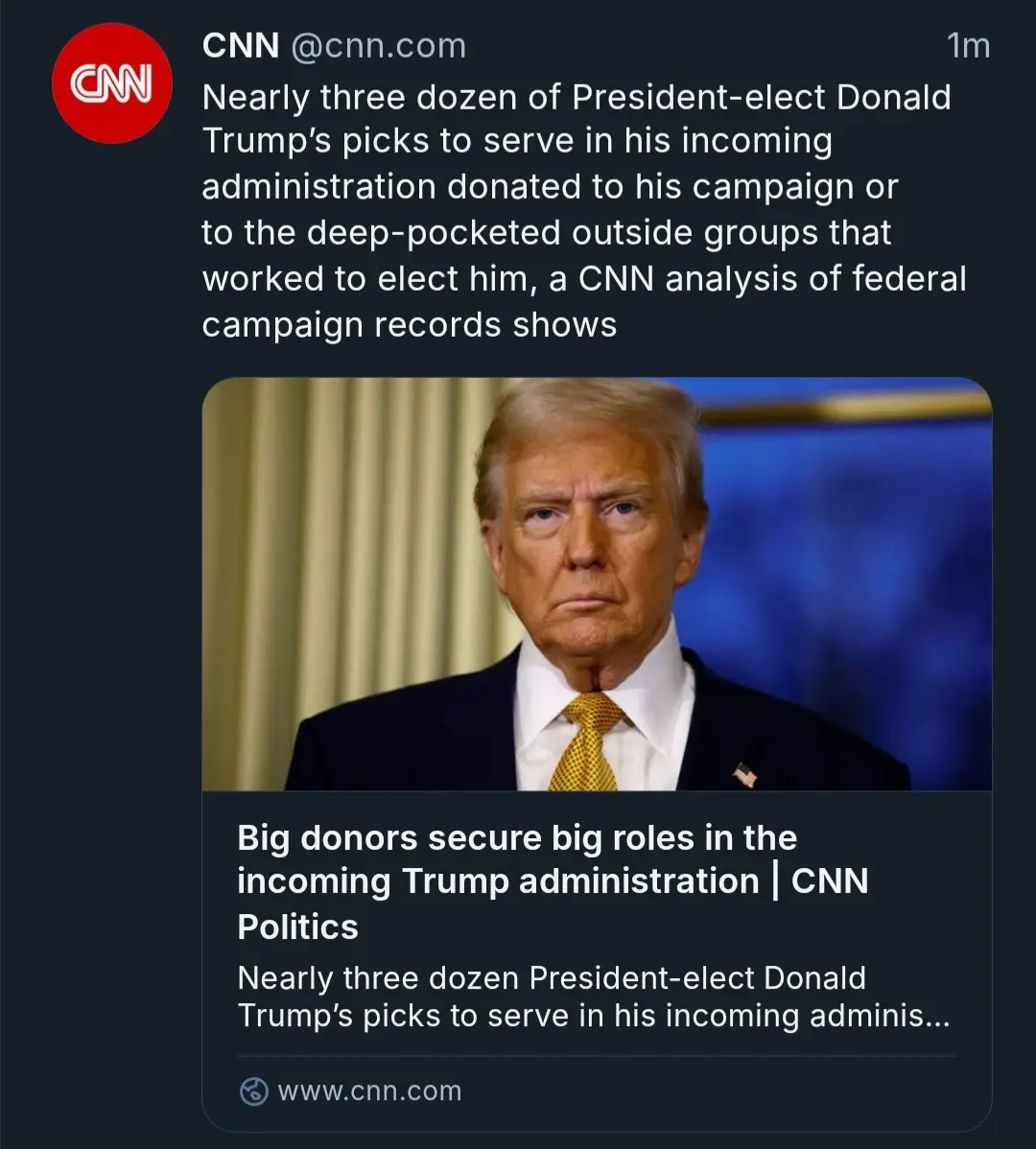 A screenshot of a CNN tweet shows a photo of Donald Trump looking serious, with text overlaying the image stating 'Big…