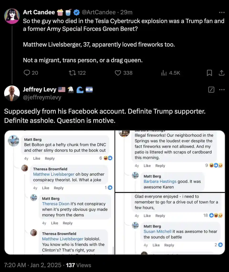 A screenshot of a Twitter thread discussing Matthew Livelsberger, a man who died in a Tesla Cybertruck explosion, with…