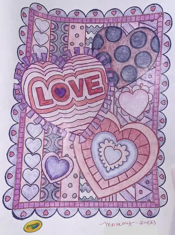 A colorful, hand-drawn Valentine's Day card filled with various heart shapes, patterns, and the word 'LOVE' in a large…